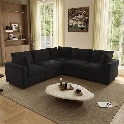 WJShome V Shaped Sectional Couch 100 Inch 5-Seater Modern Modular Sofa,Chenille Deep Seat Couches for Living Room, Bedroom and Apartment，Black