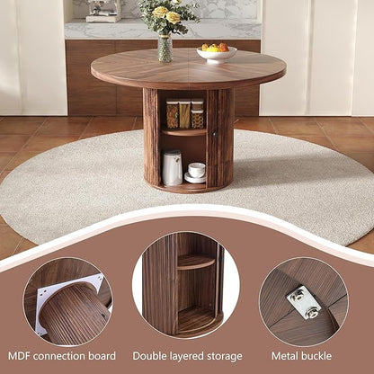 Round Dining Table Set for 6 with Two Storage, 47" Round Dining Table with 6 PU Leather Chairs, 7 Piece Kitchen Table Chairs Set of 6 with 1.7” Thick Wood Top, Roman Column Pedestal, Space-Saving