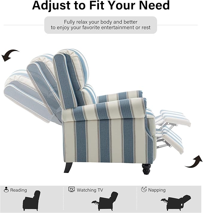 Recliner Chair Set of 2, Modern Pushback Armchair with Adjustable Backrest & Footrest for Bedroom, Living Room-Navy Blue Stripe
