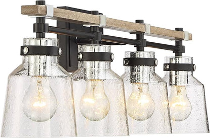 Possini Euro Design Broadway Modern Industrial Wall Light Black Painted Faux Wood Hardwired 32" 4-Light Fixture Clear Seedy Glass Shade for Bedroom Bedside Bathroom Vanity Living Room Hallway House