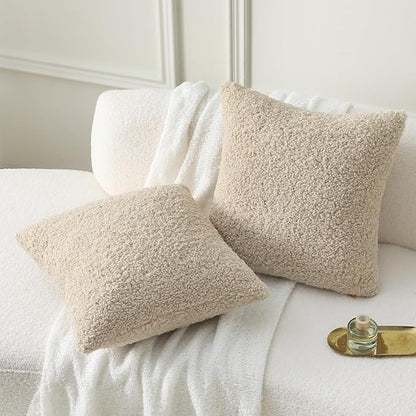 FUTEI Beige Throw Pillow Covers 22x22 Inch Set of 2,Furry Faux Fur Teddy Boucle Textured Cushion Covers,Soft Fluffy Decorative Pillow Case,Home Decor for Couch Bed Living Room Office Car