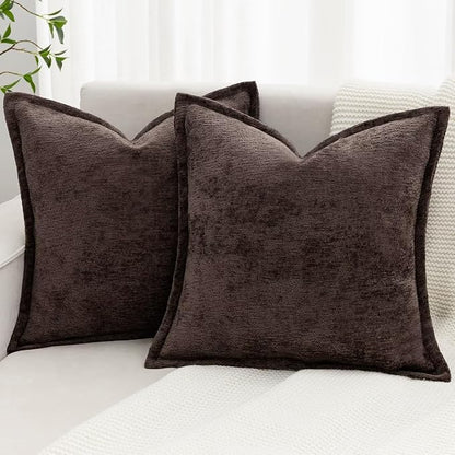 Brown Decorative Throw Pillow Covers 20x20 Inch Set of 2 Cozy Soild Chenille Cushion Cases Soft Textured Square Couch Pillows Cover Boho Accent Farmhouse Pillowcases for Sofa Bed