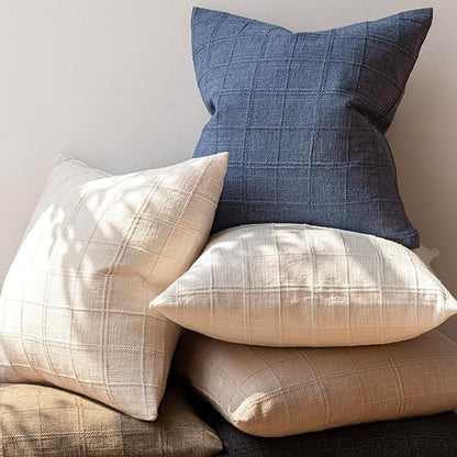 Foindtower Set of 2 Decorative Linen Check Throw Pillow Covers Neutral Farmhouse Lumbar Cushion Covers Modern Coastal Boho Home Decor for Sofa Chair Couch Bedroom Living Room,12×20 Inch,Blue