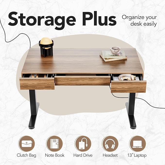 HUANUO Standing Desk with 3 Drawers, 48 Inch Electric Adjustable Height Desk with Storage, Whole-Piece Board Stand Up Desk for Home Office, Black Walnut