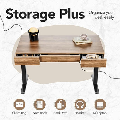 HUANUO Standing Desk with 3 Drawers, 48 Inch Electric Adjustable Height Desk with Storage, Whole-Piece Board Stand Up Desk for Home Office, Black Walnut