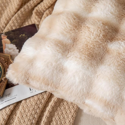 Pack of 2 Thick Plush Throw Pillow Covers Fluffy Wave Faux Fur Decorative Cushion Covers Soft Wool Pillowcase for Sofa Couch Livingroom 18x18 Inch White Beige