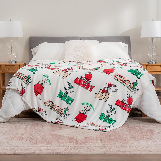 Berkshire Blanket Peanuts® VelvetLoft® Cute Character Snoopy Plush Blanket,Christmas Snowy Scene,Full/Queen 90 in x 90 in (Official Peanuts® Product)