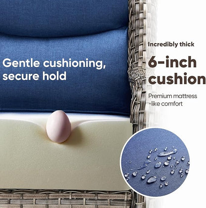 Swivel Patio Chairs sofa Set of 9 with 6" Thick Cushion - Wicker Outdoor Swivel Rocker Patio Chair ,Sofa/Glass coffee table, High Back Comfortable Outdoor Glider Chairs - Gery Wicker | Blue Cushions