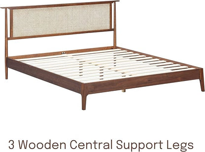 NTC Ruby Wooden Bed Frame with Headboard and Natural Rattan, Solid Oak/Rubber Wood Foundation with Silent Slats, 1000 Lb Capacity, Effortless Assembly (Natural Cane - Dark Walnut, Queen)