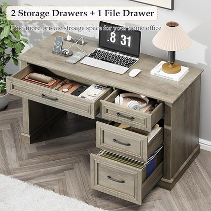 Farmhouse 47" Executive Desk, Computer Desk with Drawers and File Drawer, Workstation Computer Desk with Charging Station for Home Office,Study（Wash Grey）