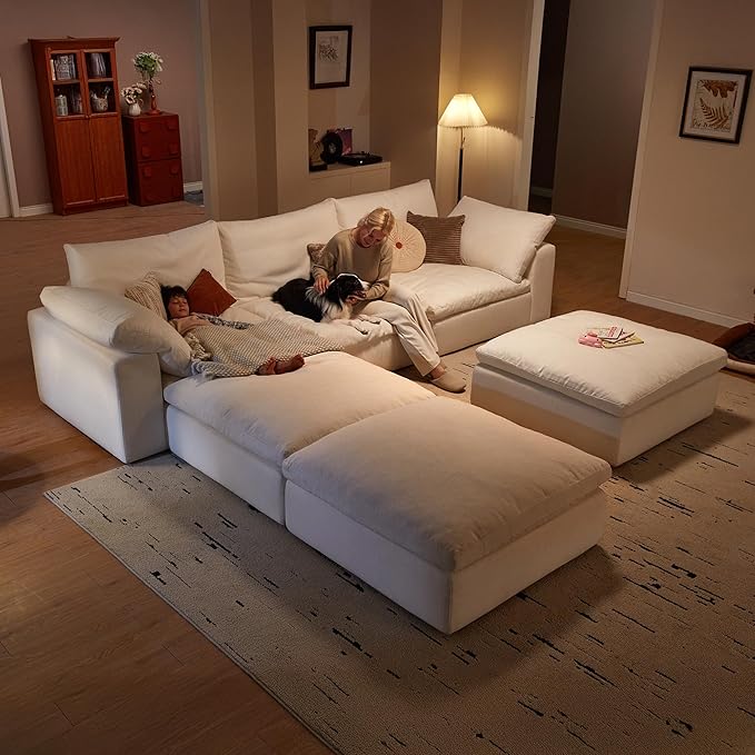 Modular Cloud Sofa, 78.7" Cloud Sectional Couches with Deep Seat，Oversized Loveseat Sofa with Ottoman for Living Room, Modern Comfy Couch with Washable Cover, Wide Armrest (White,1 Ottoman)