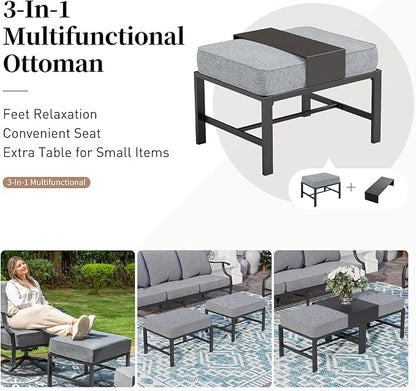 7 Piece Metal Outdoor Patio Furniture Set, Patio Conversation Sets 3-seater Sofa, 2 Rocking Chair, 2 Ottomans with 5.75" Thick Cushion, Black All-weather Frame Backyard Furniture, Gray