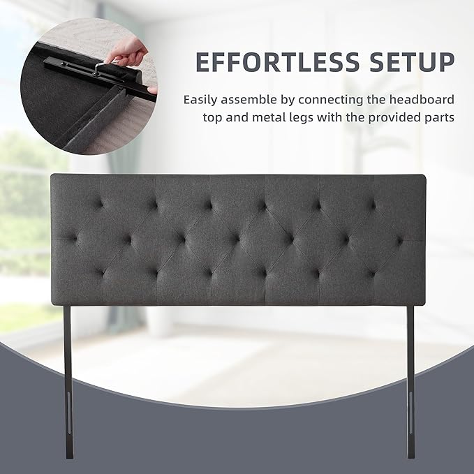 Linen Upholstered Headboard Full Size, Modern Diamond Tufting Solid Wood Full XL Headboard Only, Adjustable Height from 37” to 51” Head Board, Bed Frame or Wall Mount Headboards, Dark Grey