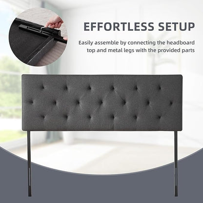 Linen Upholstered Headboard Twin Size, Diamond Tufting Solid Wood Twin XL Headboard Only, Adjustable Height from 37” to 51” Head Board, Dorm Bed Frame or Wall Mount Headboards, Dark Grey