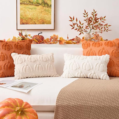 Kevin Textile Fall Pillow Covers 20x20 Inch Set of 2 Soft Pumpkins Decorative Square Pillowcases Plush Autumn Faux Fur Cushions Harvest Gift for Couch Sofa Chair Bedroom Home Decor, Orange