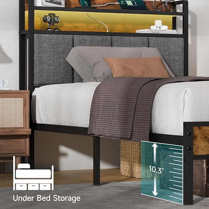 Z-hom Twin Bed Frames, Twin Bed Frame with 2-Tier Storage Upholstered Headboard, Metal Platform with USB Charging Station & LED Lights, Noise Free, No Box Spring Needed, Easy Assembly, Vintage Brown