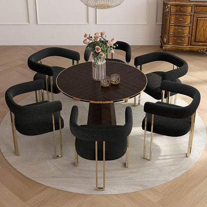 Set of 6 Modern Black Boucle Dining Chairs with Gold Metal Legs, Mid Century Accent Upholstered Barrel Armchairs with Open-Back for Kitchen, Dining Room, Living Room, Apartment