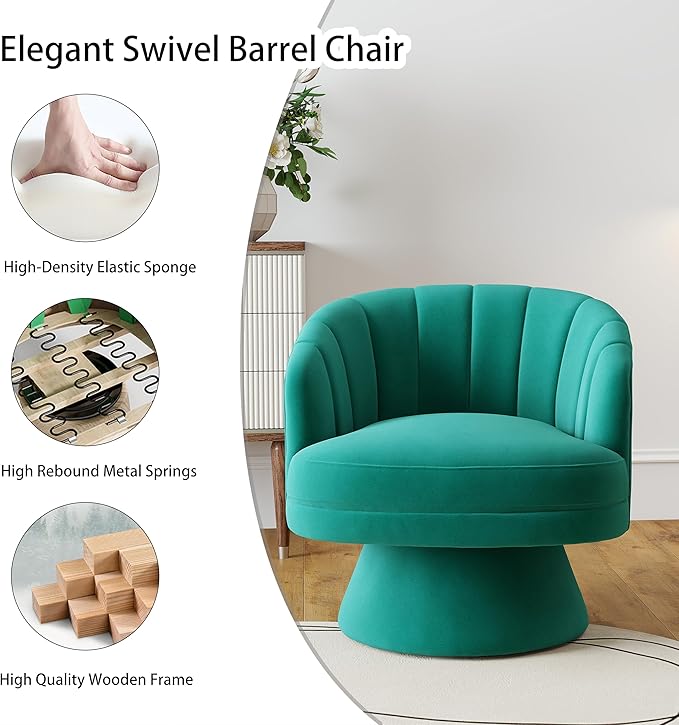 Swivel Accent Chair Set of 2,Upholstered Velvet 360° Swivel Barrel Chair for Living Room Overstuffed Bouncle Reading Chair Round Armchair for Bedroom,Vanity,Office (Dark Green)