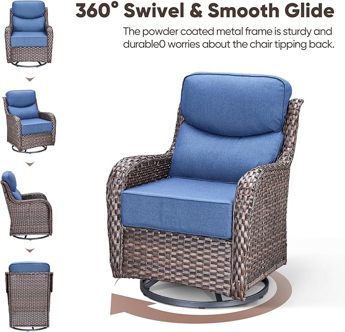 Swivel Patio Chairs sofa Set of 7 with 6" Thick Cushion - Wicker Outdoor Swivel Rocker Patio Chair ,Sofa/Glass coffee table, High Back Comfortable Outdoor Glider Chairs - Brown Wicker Blue Cushion
