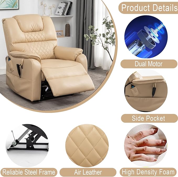 Power Lift Recliner Chair Recliners for Elderly,Lay Flat Air Leather Recliner with Heat and Massage,Dual Motor Lounge Recliners for Living Room