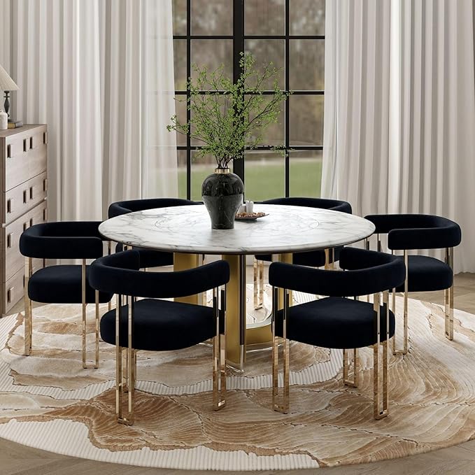 Set of 6 Black and Gold Modern Dining Chairs, Velvet Upholstered Barrel Armchairs with Metal Legs for Kitchen Island, Mid Century Accent Chairs for Dining Room Living Room, Open-Back