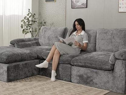 EASE MOOSE Oversized Sectional Cloud Couch for Living Room, L-Shaped Modular Boneless Sofa, Cloud Sofa Set with Fluffy Foam, 4-Seat Deep Comfy Sofa with Ottoman for Bedroom Apartment, Chenille (Grey)