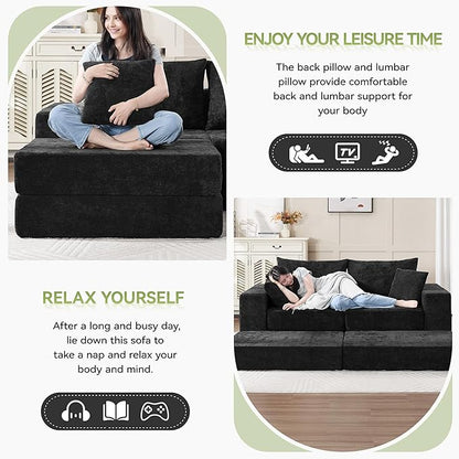 79" Boneless Cloud Loveseat Sofa Couch, Modular Foldable Floor Sofa with Ottoman, Chenille Lounge Convertible Sofa Bed for Living Room, No Assembly, Black