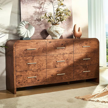 Curved 9-Drawer Dresser for Bedroom, 63" Wide Modern Chest of Drawers, Vanity Desk TV Stand for Living Room, Closet Storage Drawers Organizer Furniture, Nursery, Hallway, Dark Burl
