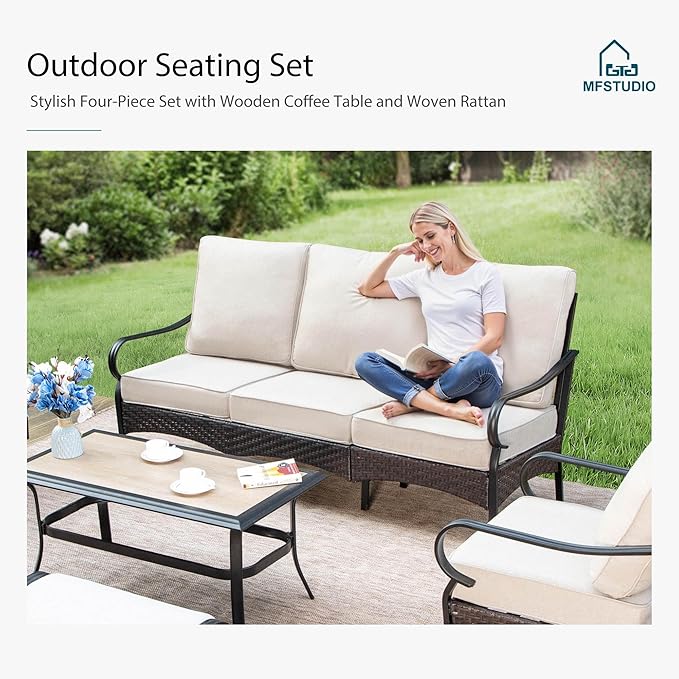 MFSTUDIO 5 PCS Outdoor Patio Furniture Set, Metal Outdoor Conversation Set, Rattan Wicker Patio Sectional Sofa Set with 2 x Fixed Single Sofa, 2-Seat and 3-Seat Sofa, 1 x Coffee Table, Beige