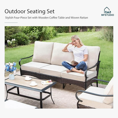MFSTUDIO 5 PCS Outdoor Patio Furniture Set, Metal Outdoor Conversation Set, Rattan Wicker Patio Sectional Sofa Set with 2 x Rocking Single Sofa, 2-Seat and 3-Seat Sofa, 1 x Coffee Table, Beige