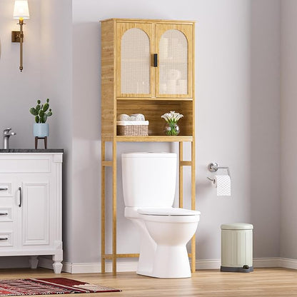 Bamboo Over-The-Toilet Storage Shelf with Inverted U-Shaped Doors, Rattan Surface Bathroom Freestanding Space Saver Organizer with Shelves, Natural