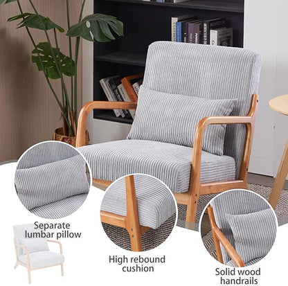 Accent Chairs, Mid-Century Modern Chair with Pillow, Armchair with Solid Wood, Reading Relaxing Leisure Chair for Living Room（Light Grey）