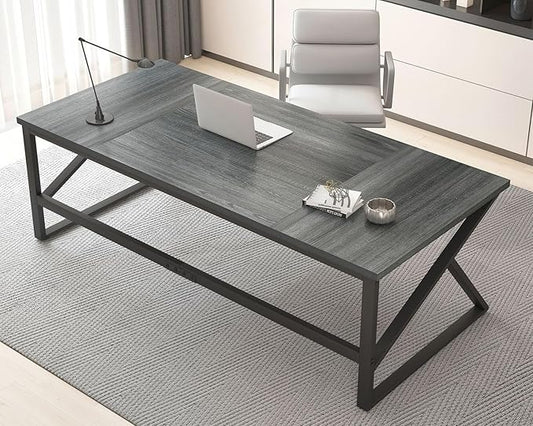 HSH Extra Long Computer Desk, Industrial Metal Wood Home Office Desk, Large PC Laptop Table for 2 Person Executive Writing Work Study Gaming, Bedroom Living Room Dual Monitor Desk, Dark Gray, 70 Inch