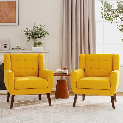 Accent Chairs Set of 2, Modern Fabric Armchairs for Living Room, Comfy Upholstered Arm Chairs Tufted for Indoor Bedroom Office Room (Yellow)