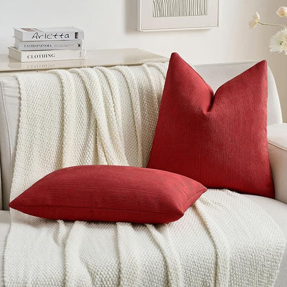 FUTEI Christmas Red Chenille Decorative Throw Pillow Covers 20x20 Inch Set of 2,Soft Cozy Striped Geometric Patterns Cushion Cases,Modern Home Decor for Couch Bed Living Room