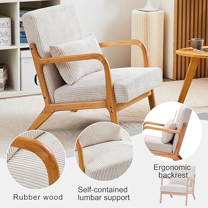 Accent Chairs, Mid-Century Modern Chair with Pillow, Armchair with Solid Wood, Reading Relaxing Leisure Chair for Living Room（Beige）