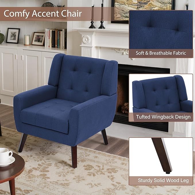Accent Chairs Set of 2, Mid-Century Modern Upholstered Armchair, Comfy Fabric Living Room Chairs Reading Chairs with Button Tufted Back & Solid Wood Legs for Bedroom, Office, Blue