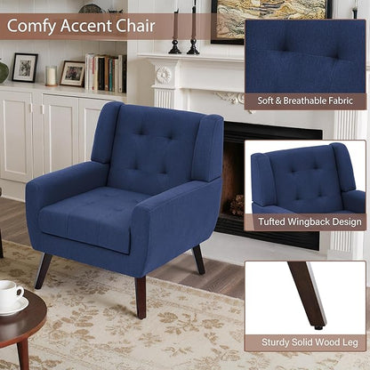 Accent Chairs Set of 2, Mid-Century Modern Upholstered Armchair, Comfy Fabric Living Room Chairs Reading Chairs with Button Tufted Back & Solid Wood Legs for Bedroom, Office, Blue