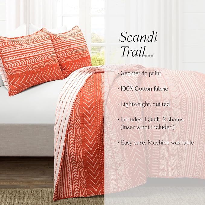 Lush Decor Hygge Geo Pattern Striped 3 Piece Quilt Bedding Set, King, Burnt Orange