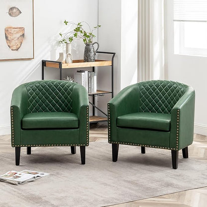KINWELL 29" W Faux Leather Barrel Chairs Set of 2, Modern PU Upholstered Tufted Club Chairs with Nailhead Trim, Small Armchairs Accent Chairs for Living Room Bedroom Apartment Lounge Nursery, Green