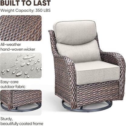 Swivel Patio Chairs Set of 3 with 6" Thick Cushion - Wicker Outdoor Swivel Rocker Patio Chairs with Side Table, High Back Comfortable Outdoor Glider Chair - Brown Wicker | Beige Cushions