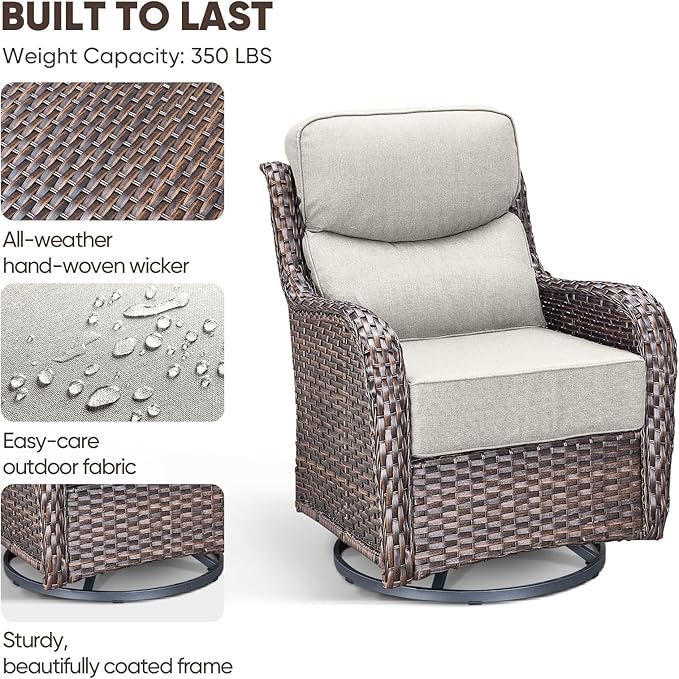 Swivel Patio Chairs sofa Set of 5 with 6" Thick Cushion - Wicker Outdoor Swivel Rocker Patio Chair with Side Table, High Back Comfortable Outdoor Glider Chairs - Brown Wicker | Beige Cushions