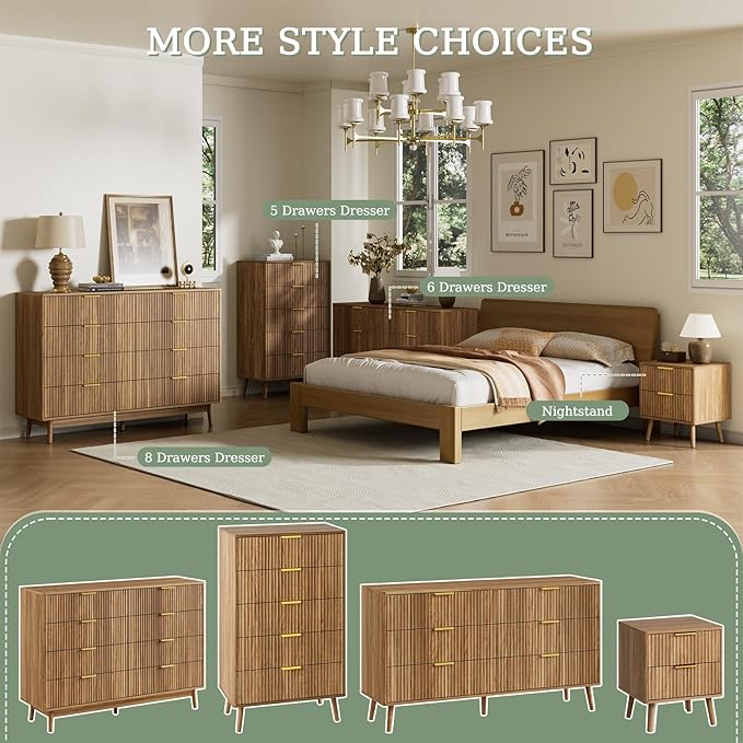 LYNSOM Fluted Dresser and Nightstand Sets 2 Piece, 1-Drawer Nightstands and 6-Drawers Dresser, Wood Bedroom Furniture Set for Home, Bedroom, Hallway, Natural Oak