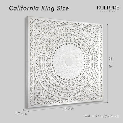 Wood Headboard Rustic | Carved Full Headboard Only | Wooden Headboard Full Size Bed | Wall Mount Headboard King or Queen | Full Bed Headboard Panels (Seruni White, California King)