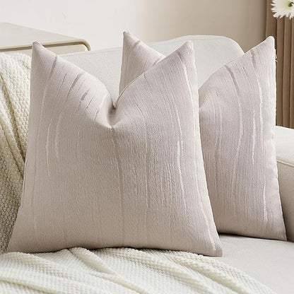 FUTEI Beige Chenille Decorative Throw Pillow Covers 18x18 Inch Set of 2,Soft Embossed Striped Textured Cushion Case,Modern Home Decor for Couch Bed Living Room