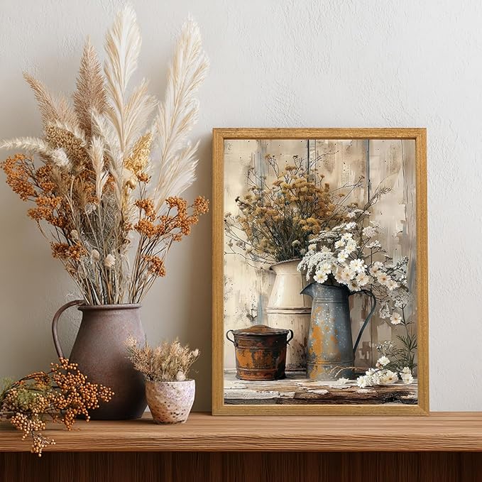 HLXRAE Rustic Farmhouse Bathroom Wall Art, Vintage Country Floral Still Life Wall Decor, White Daisy Canvas Painting, Shabby Chic Flower Poster Print for Bedroom Kitchen Wood Framed 16x24 inch