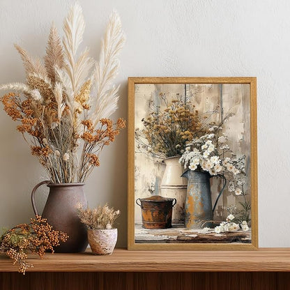 HLXRAE Rustic Farmhouse Bathroom Wall Art, Vintage Country Floral Still Life Wall Decor, White Daisy Canvas Painting, Shabby Chic Flower Poster Print for Bedroom Kitchen Wood Framed 16x24 inch