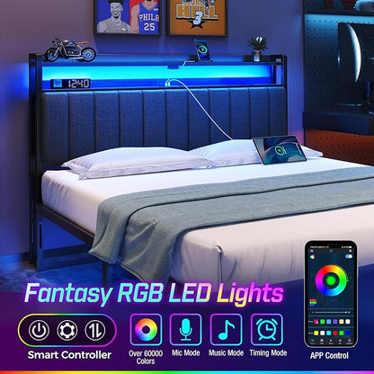 Rolanstar Headboard for Full Size Bed with Storage, 60,000 DIY Color of LED Light, Head Board with USB & Type C Port, Height Adjustable, Black Upholstered Cabeceras de Cama Comfortable Modern, Stable