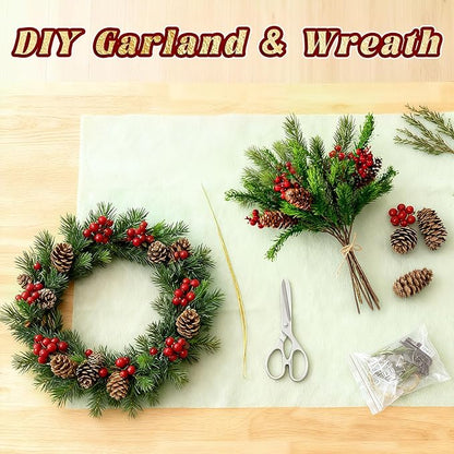 8PCS Artificial Pine Branches with Red Berry Pine Cones Artificial Needles Branches Greenery Stems Fake Greenery Floral Arrangements