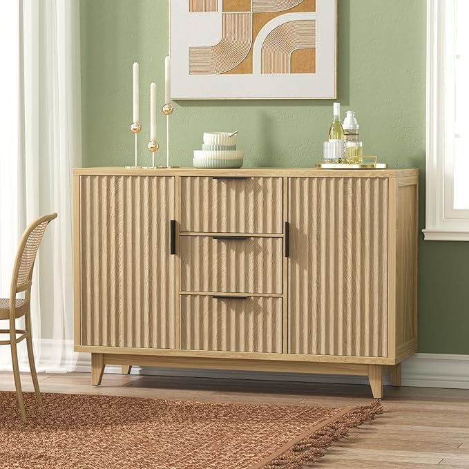 47.2" W Storage Cabinet with 3 Drawers, Fluted Buffet Cabinet with Storage, Large Sideboard Cabinet with 2 Door, Modern Mid Century TV Stand Coffee Bar Cabinet for Living Room, Kitchen, Entryway